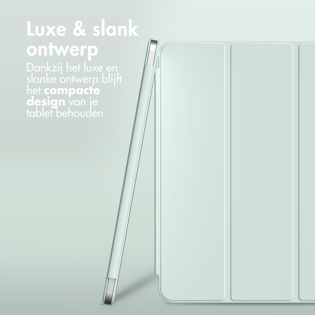 Tablet hoes in mintkleur, met een slank ontwerp. De hoes is open getoond.