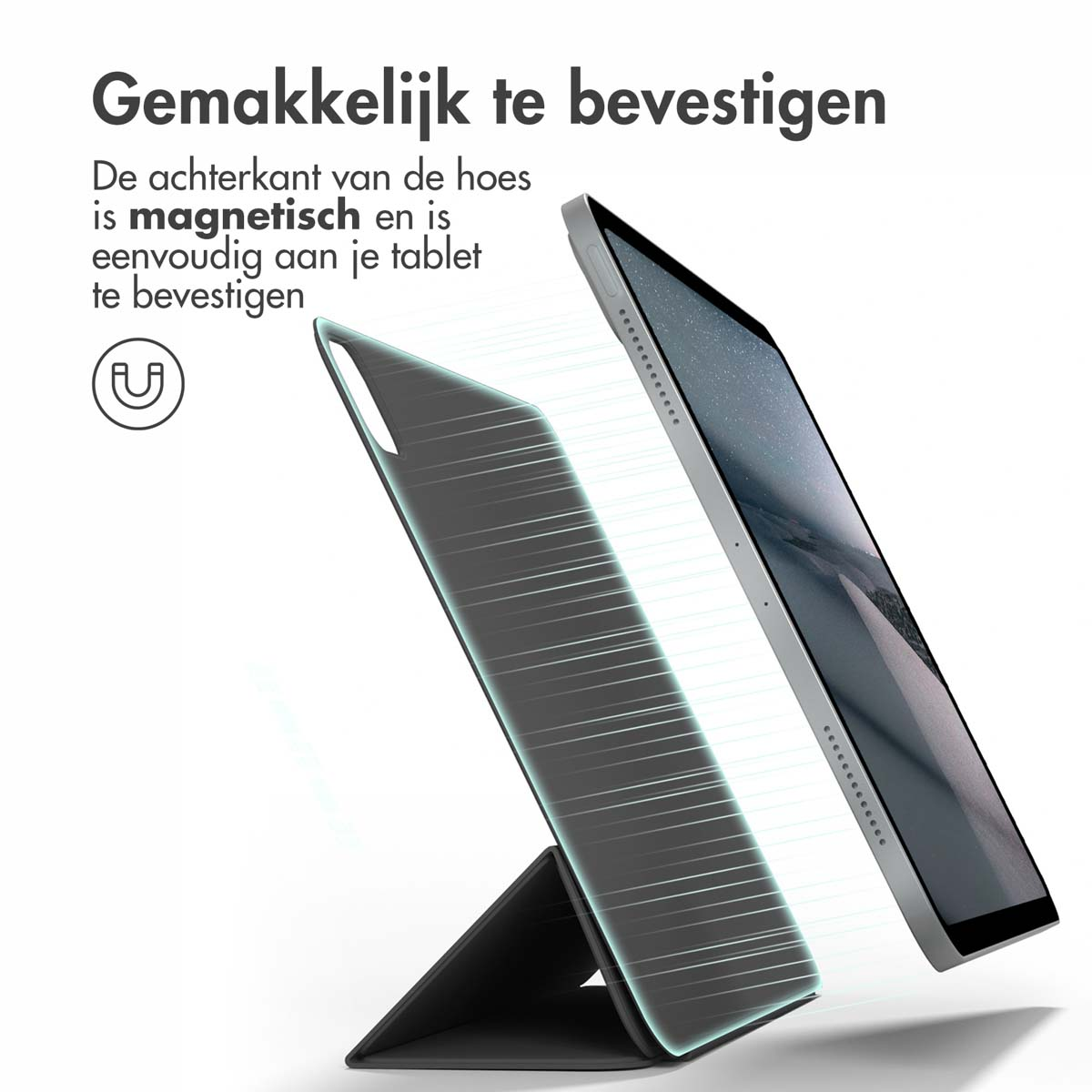 Tablet case with magnetic closure. The tablet is shown being attached.
