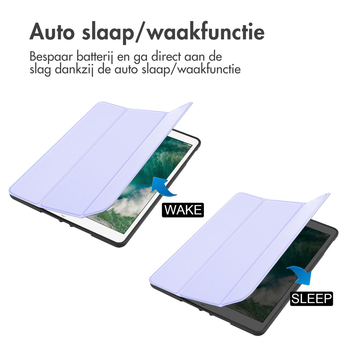 Two tablets in a case showing sleep and wake functions. Covers are open.