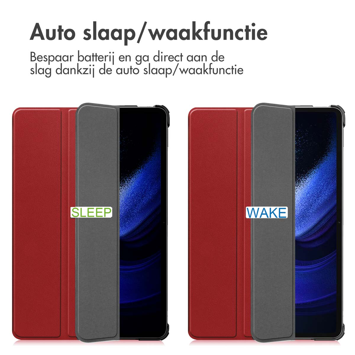 Two phone cases, one red and one dark gray, with the word 'SLEEP' and 'WAKE' on the screen.
