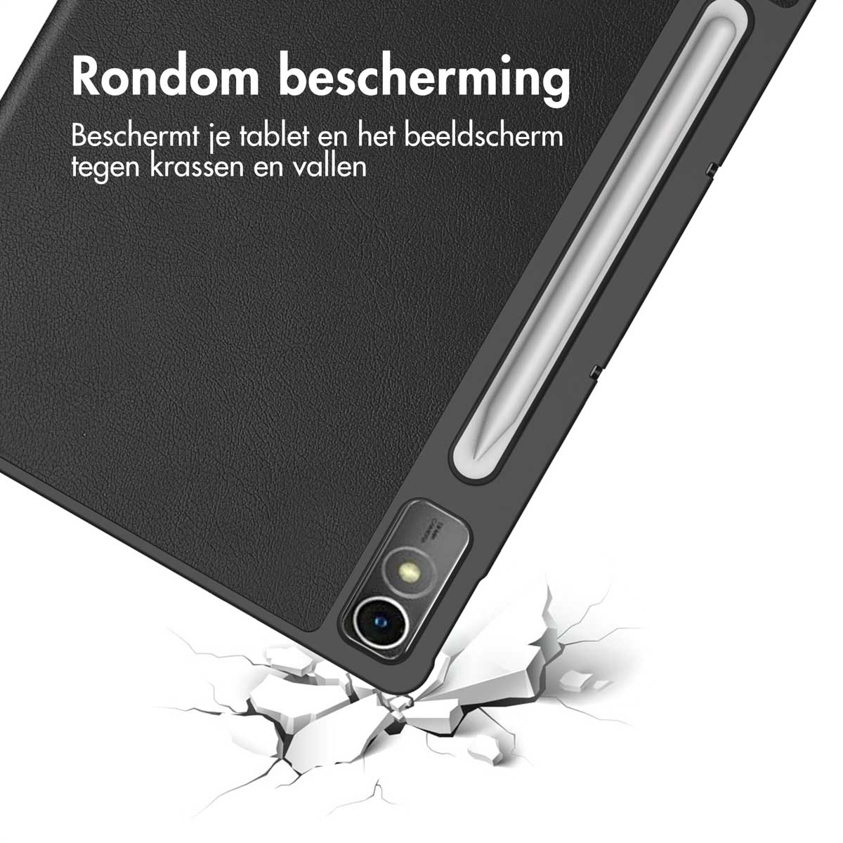 Tablet with protective case. The case is black and the tablet is on a white background.