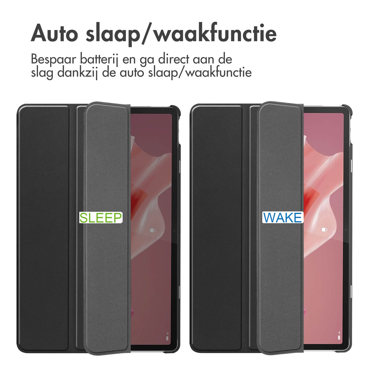 Two tablet cases, one open and one closed, showing the sleep/wake function labels.