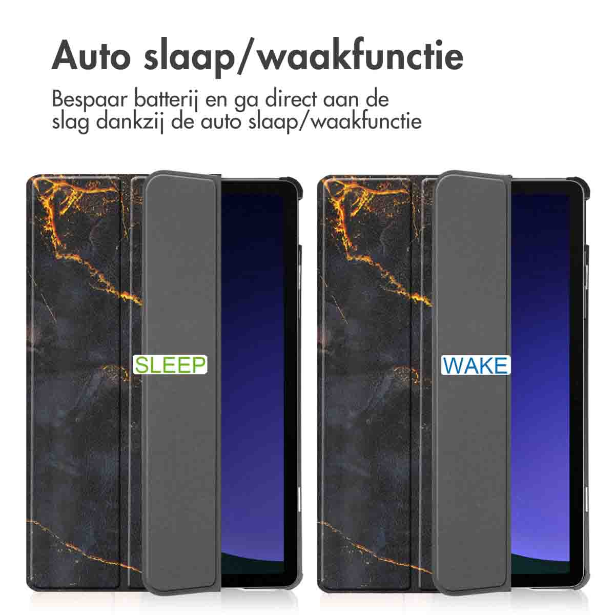 Tablethoezen met de labels 'SLEEP' en 'WAKE', wat wijst op een automatische slaap/wake-functie.