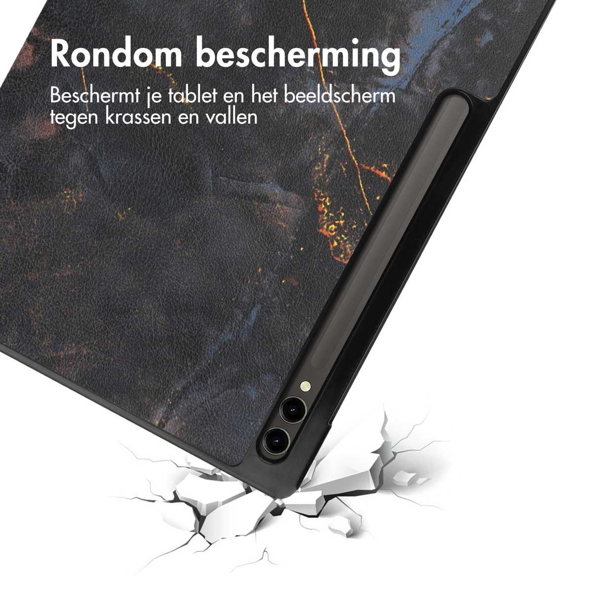 Tablet in case, with a black cover and a marble-like design, angled on white.