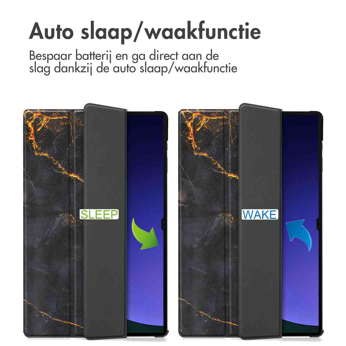 Tablet case showing sleep/wake function. Text at the top and arrows on the sides.
