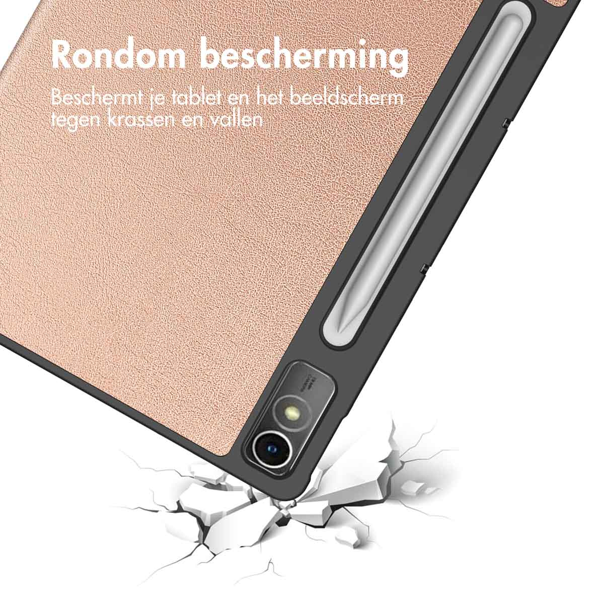 Tablet case with rose gold finish, black frame, stylus, and cracked white ground.