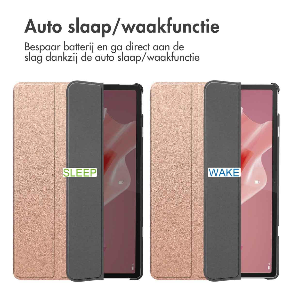 Tablet case with a cover open. Text reads 'SLEEP' and 'WAKE' next to the tablet.
