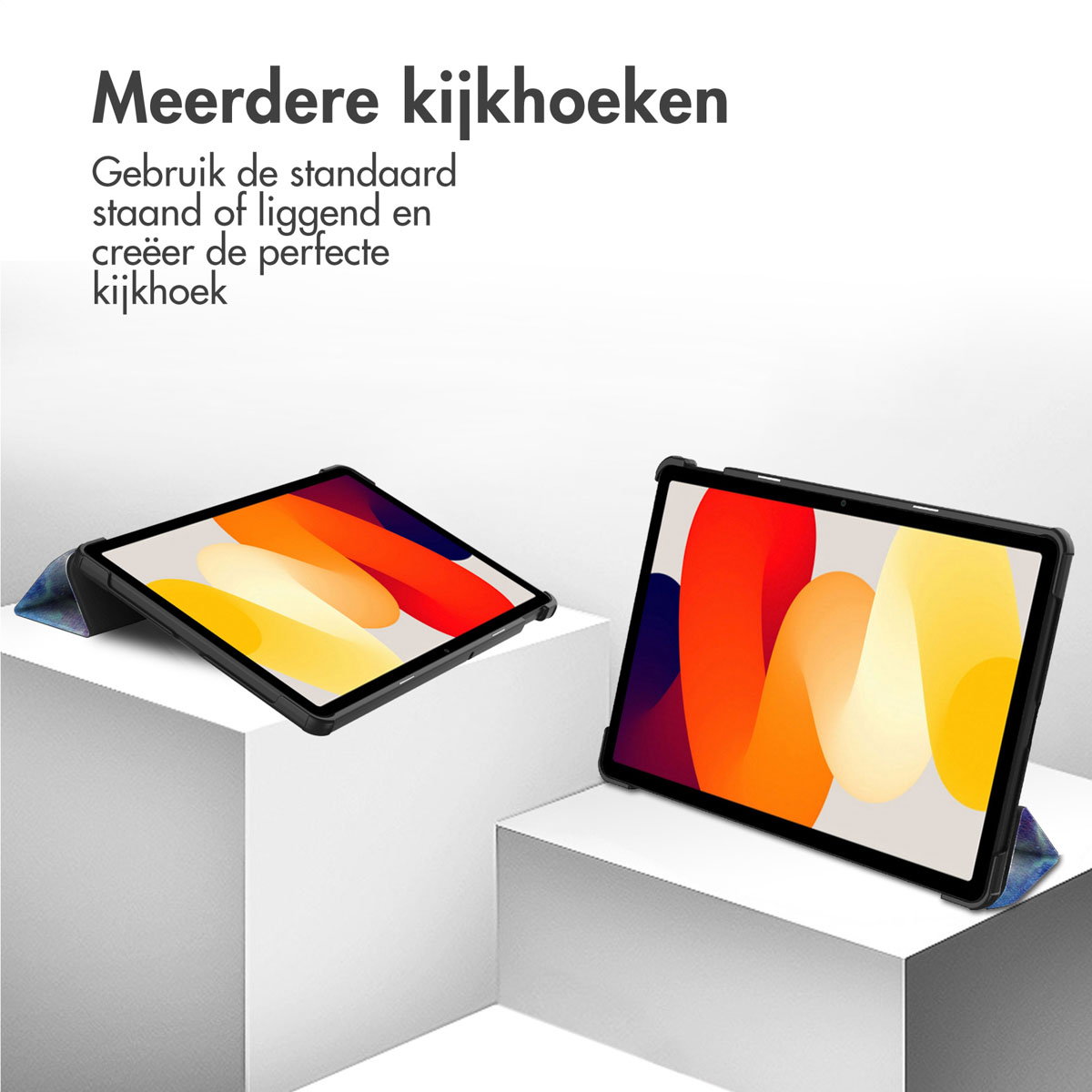 Two tablets with cases, one angled up. The text above mentions 'Multiple viewing angles'.