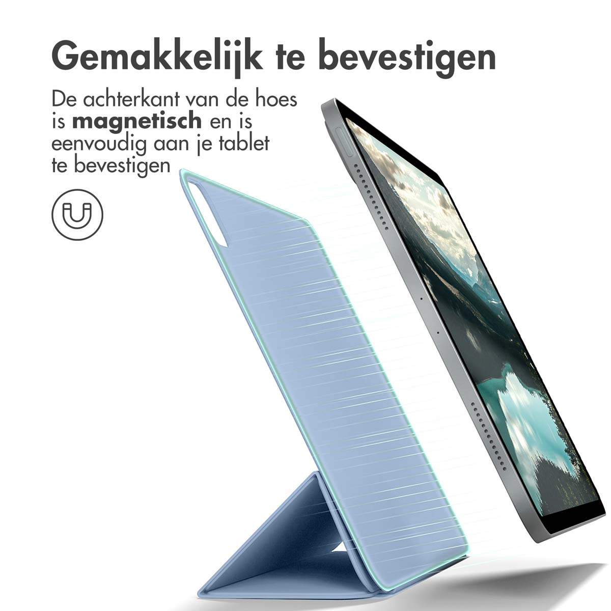 Blue tablet case, two tablets, one propped, one falling. A magnet icon is shown.