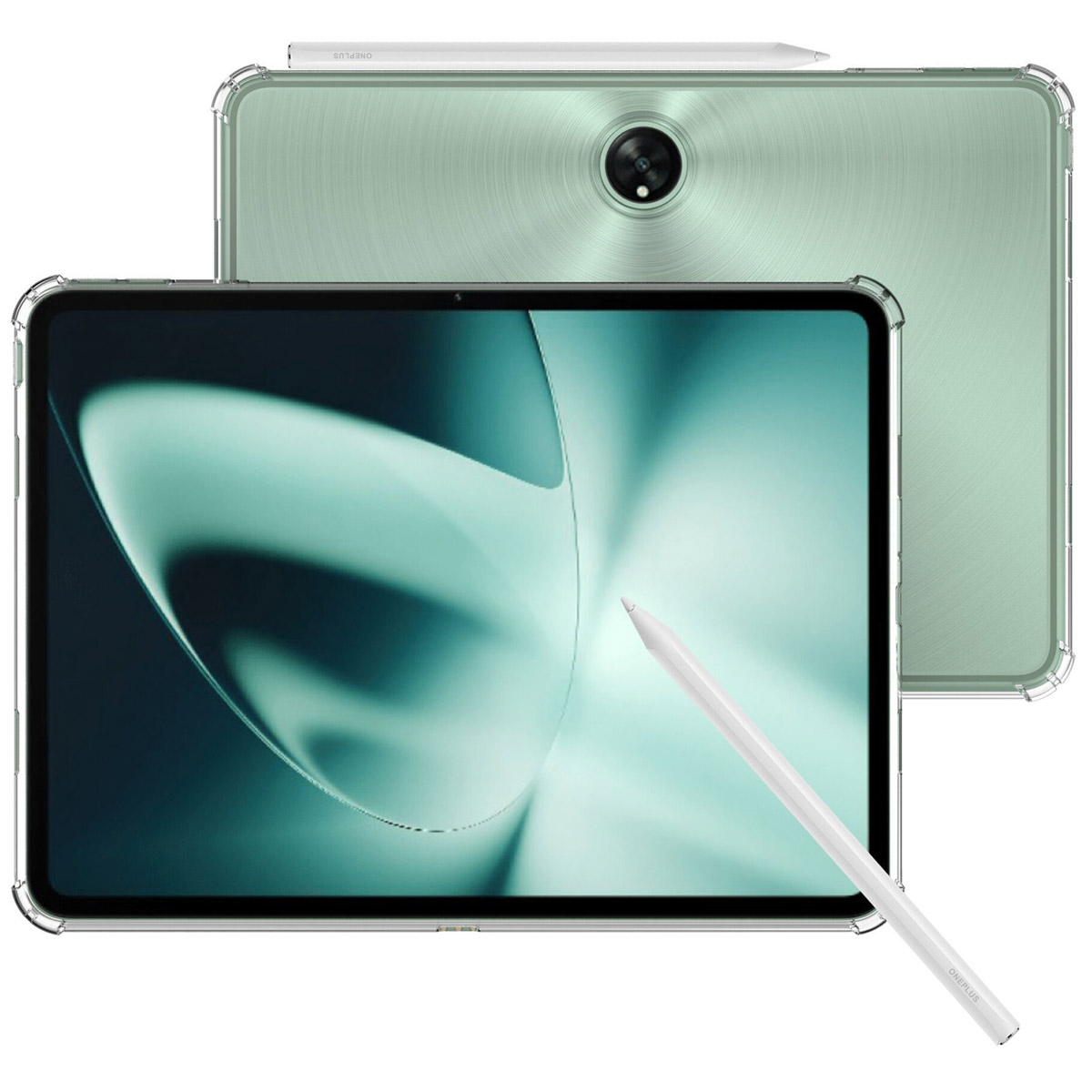 Tablette avec stylet, dos vert. Étui transparent.