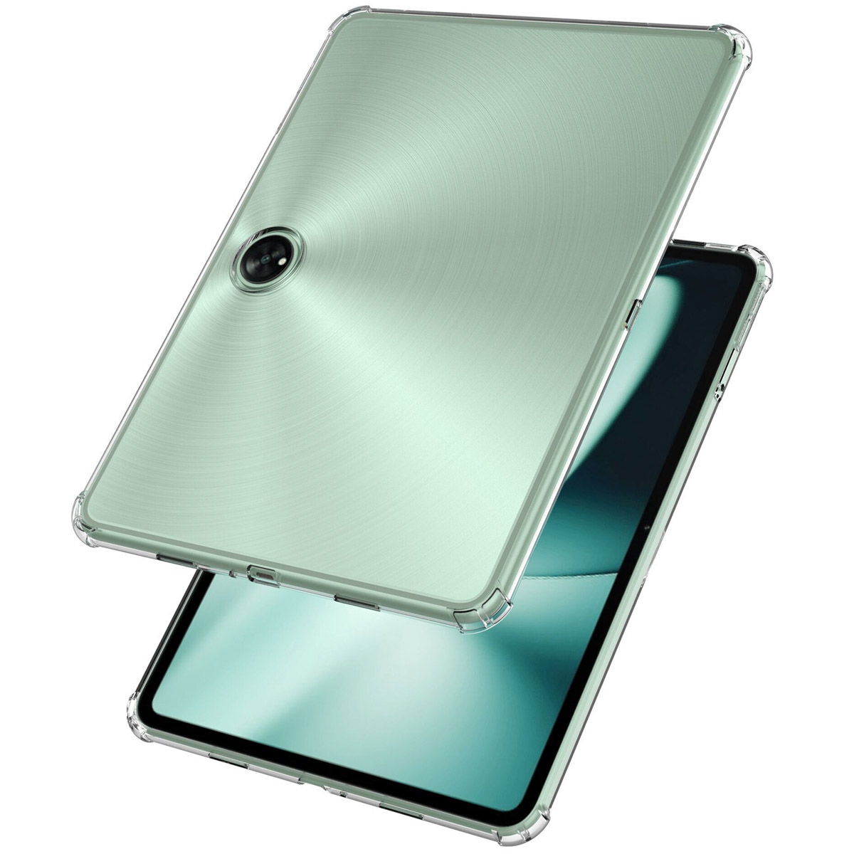 Tablette verte avec étui transparent, montrant une caméra.