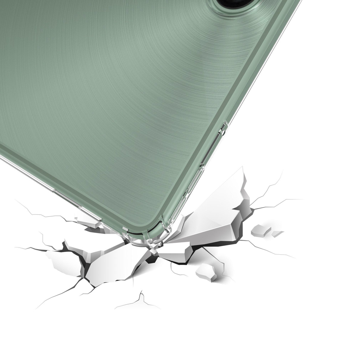 Une coque de téléphone verte qui tombe, avec le coin inférieur frappant une surface fissurée.