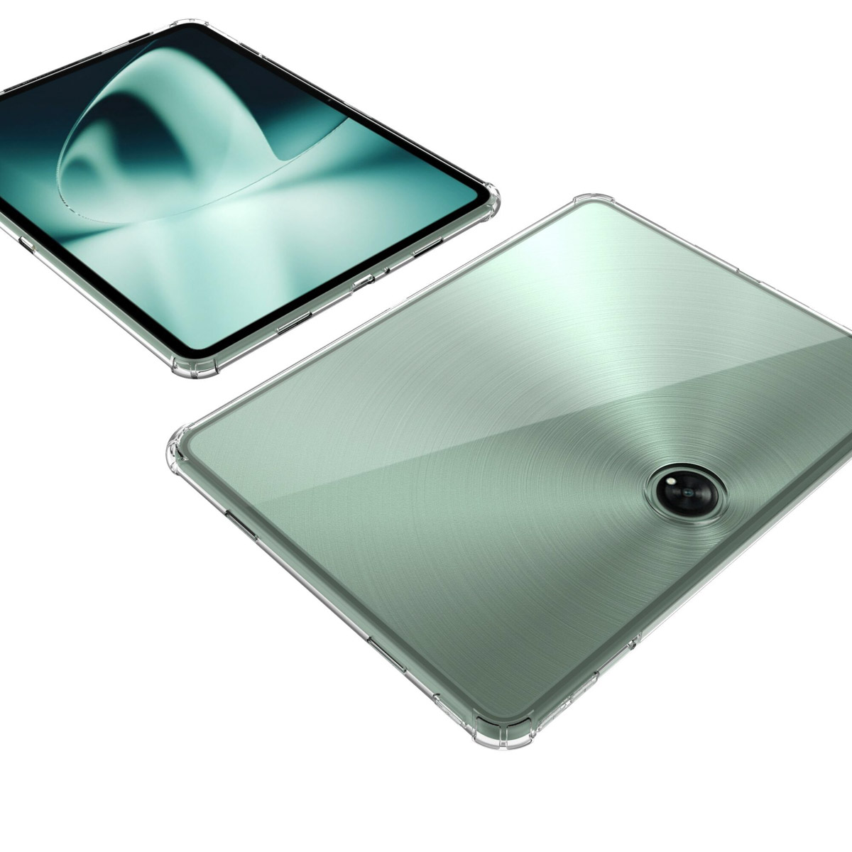 Deux tablettes, une au-dessus, une en dessous. La tablette du haut est verte, celle du bas argentée.