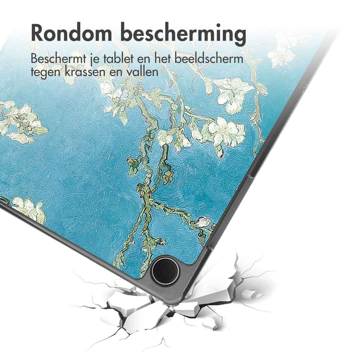Écran de tablette affichant une peinture de fleurs d'amandier, se fissurant en dessous. Housse de protection.