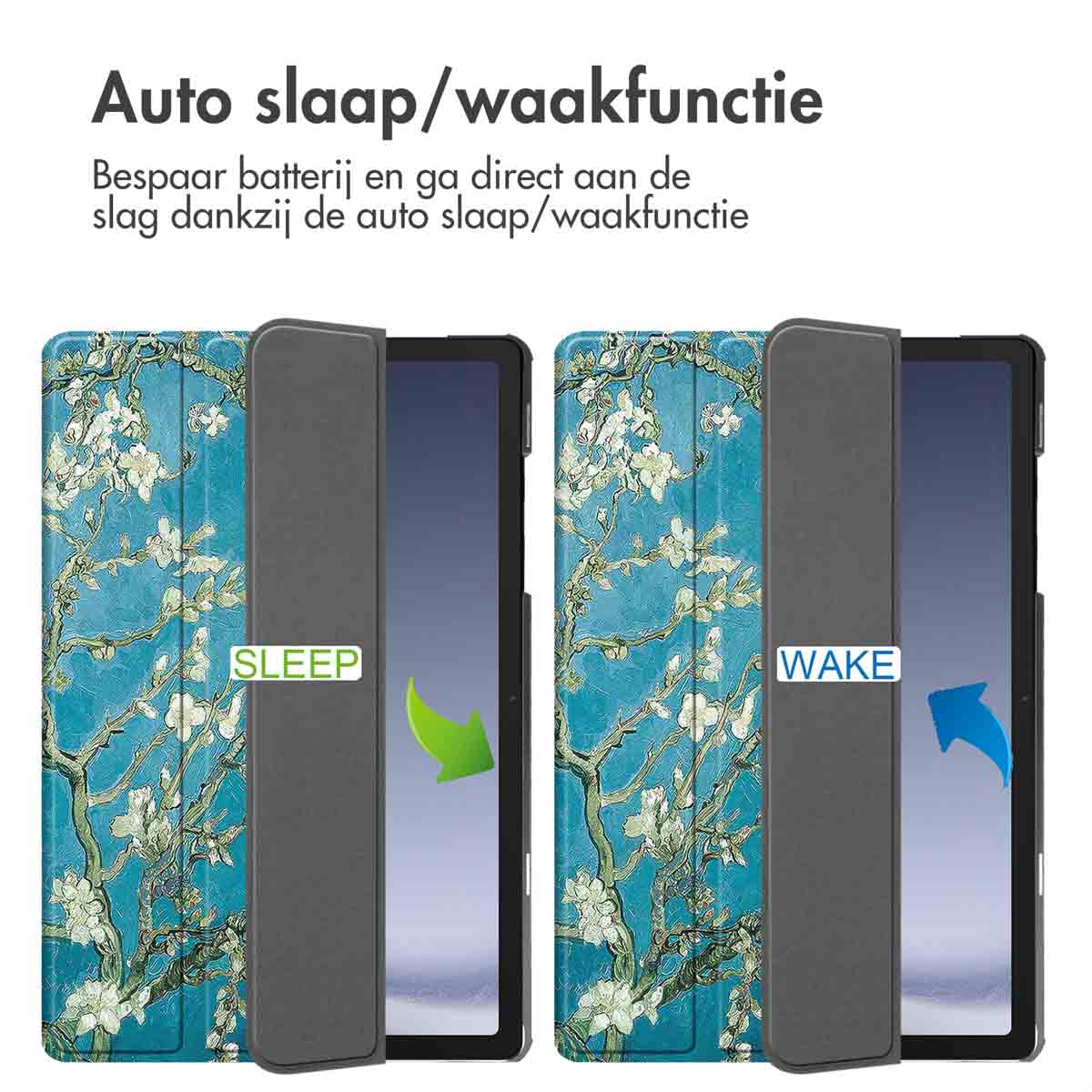 Deux tablettes dans des étuis affichant des peintures de fleurs d'amandier, ouvertes pour montrer les fonctions SLEEP et WAKE.