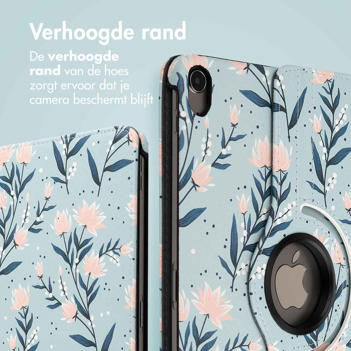 Gros plan d'un étui de tablette floral, montrant la caméra et le bord de l'étui. Le logo Apple est visible.