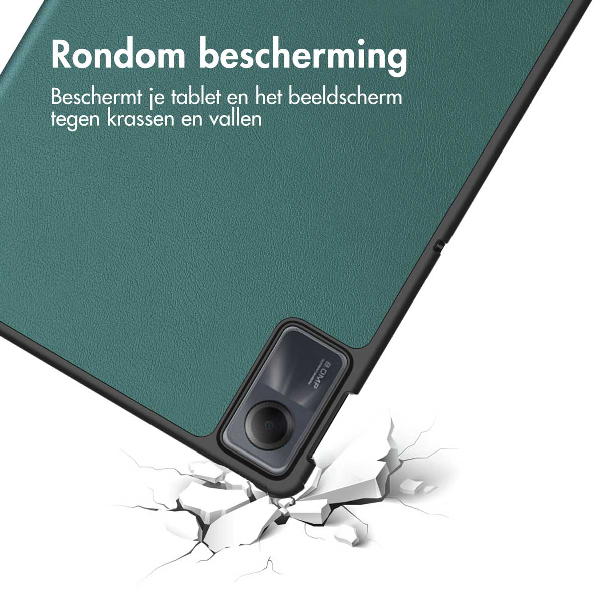 Green tablet case with a camera bump and a shattered floor, indicating protection.