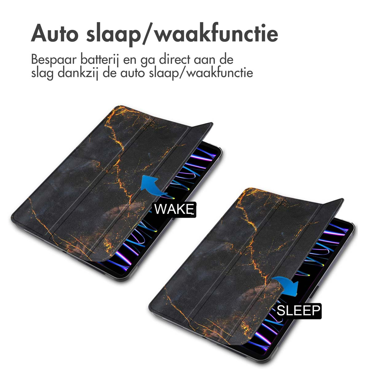 Two tablet cases, black marble pattern, open. The words WAKE and SLEEP are visible.