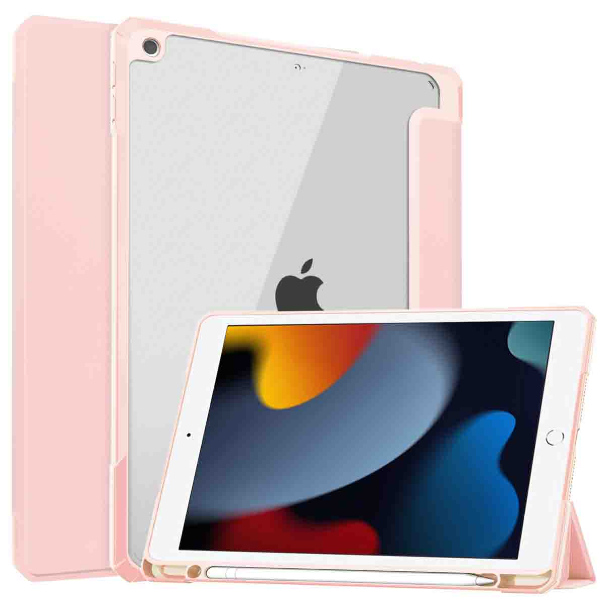Pink tablet with a pink case. The case is open. An Apple logo is visible on the tablet.