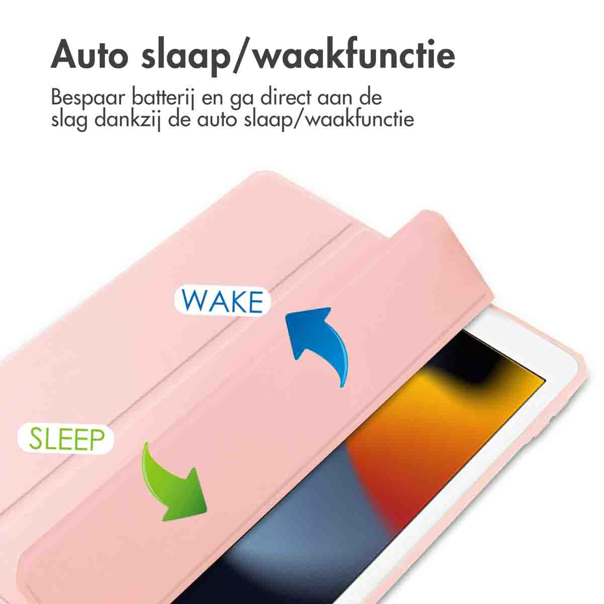 Pink tablet case with open cover, blue and green arrows pointing to WAKE and SLEEP, white background.