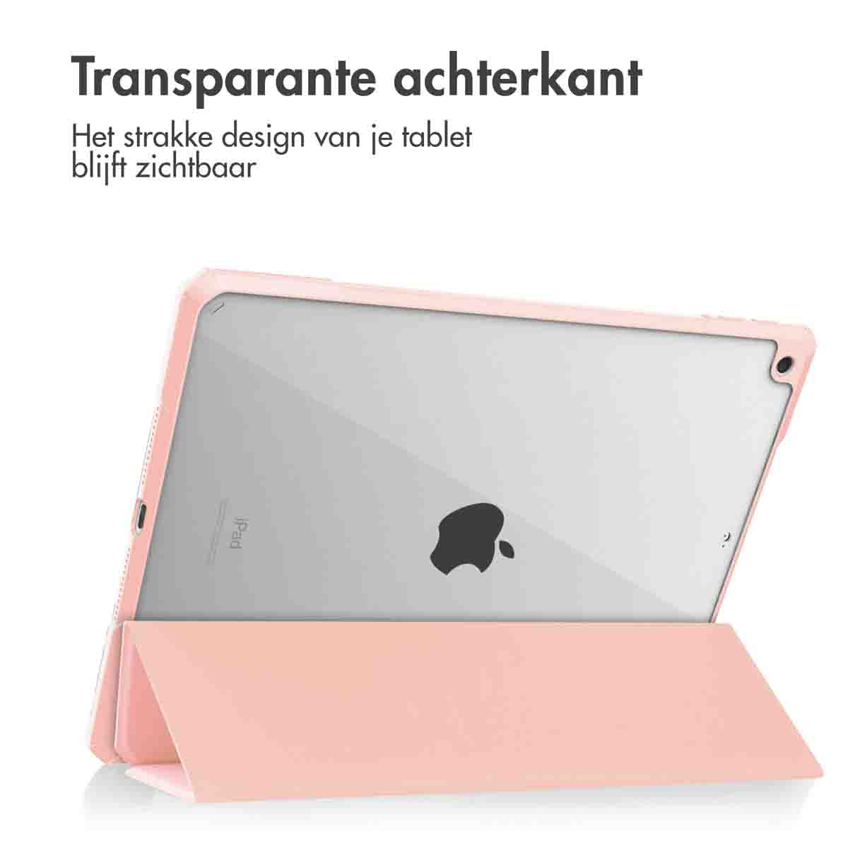 Tablet with pink case, transparent back, visible apple logo. The cover is folded to stand.