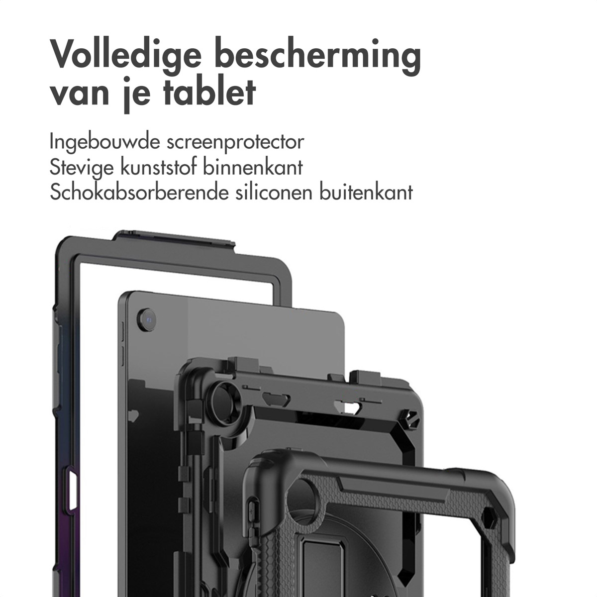 Exploded view of a black tablet case showing layers of protection, white background. Text: Complete protection for your tablet.