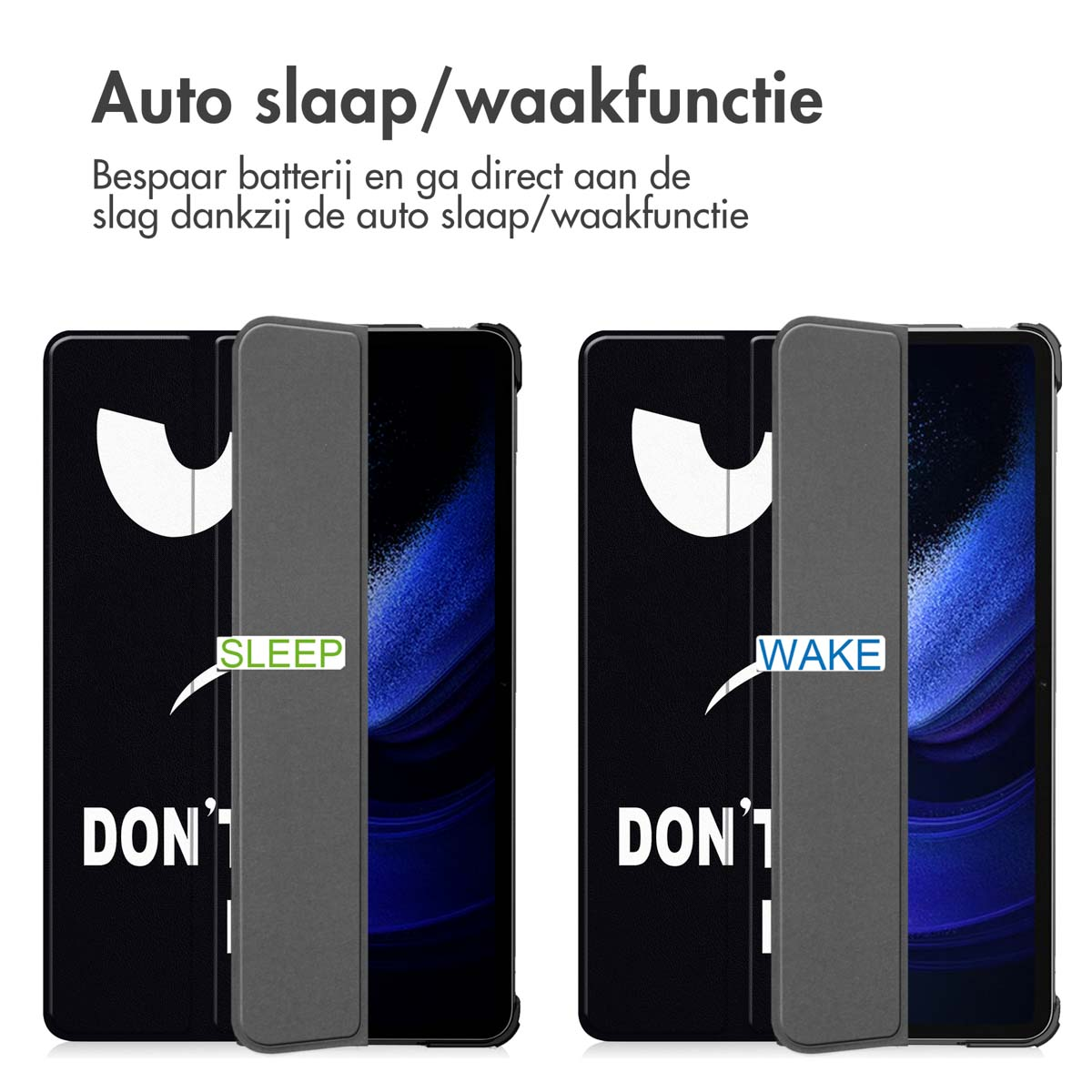Two black tablet cases. One says 'SLEEP,' the other 'WAKE.'