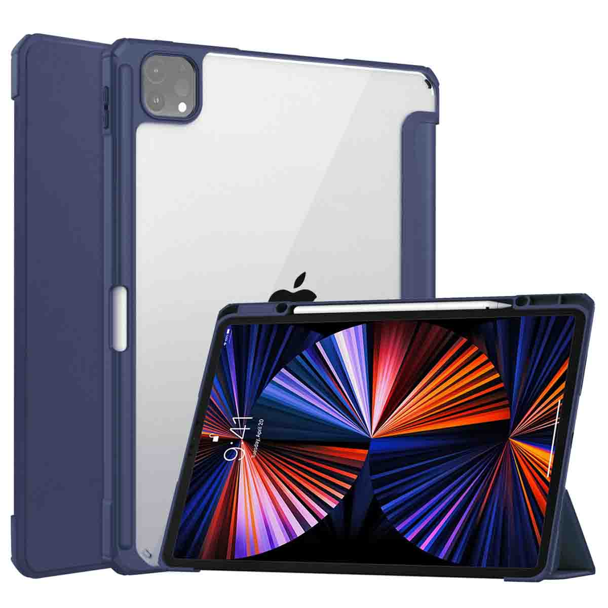 Tablet in a blue case, front view, with a stand and screen showing a colorful graphic. Black background, Apple logo.