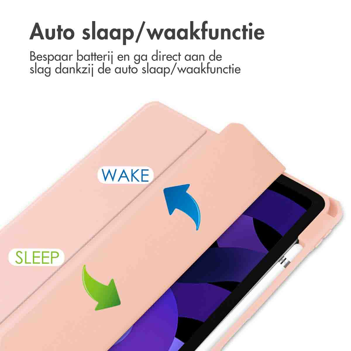 Tablet case open, pink, with arrows indicating sleep/wake function. Text: Auto sleep/wake function. White background.