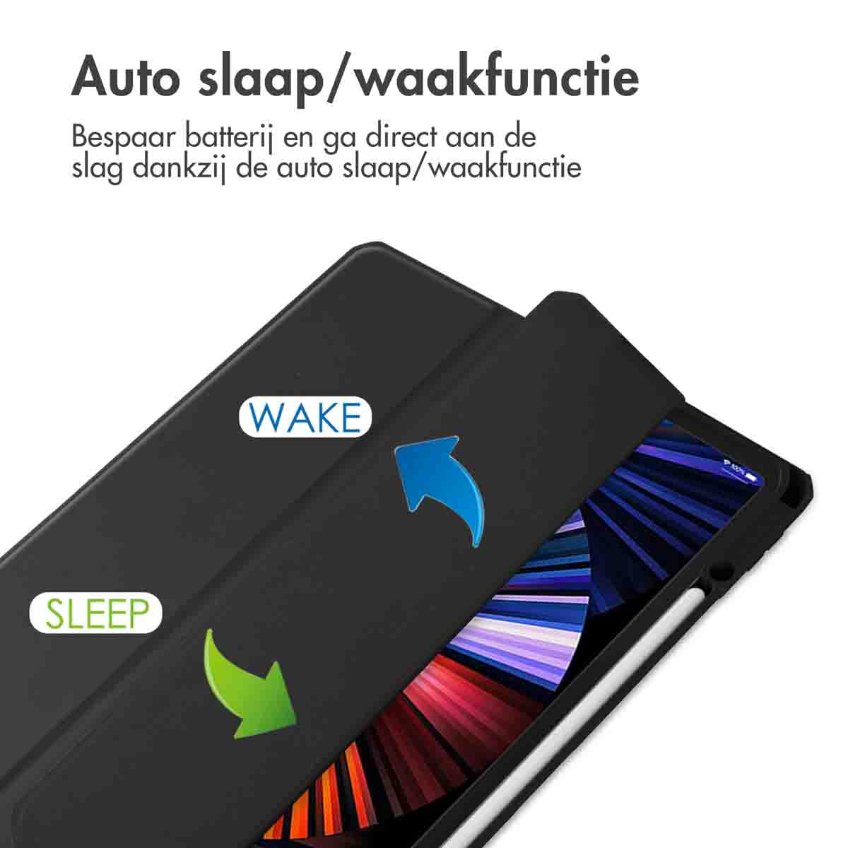 Tablet case open, black, with arrows indicating sleep/wake function. Text: Auto sleep/wake function. White background.
