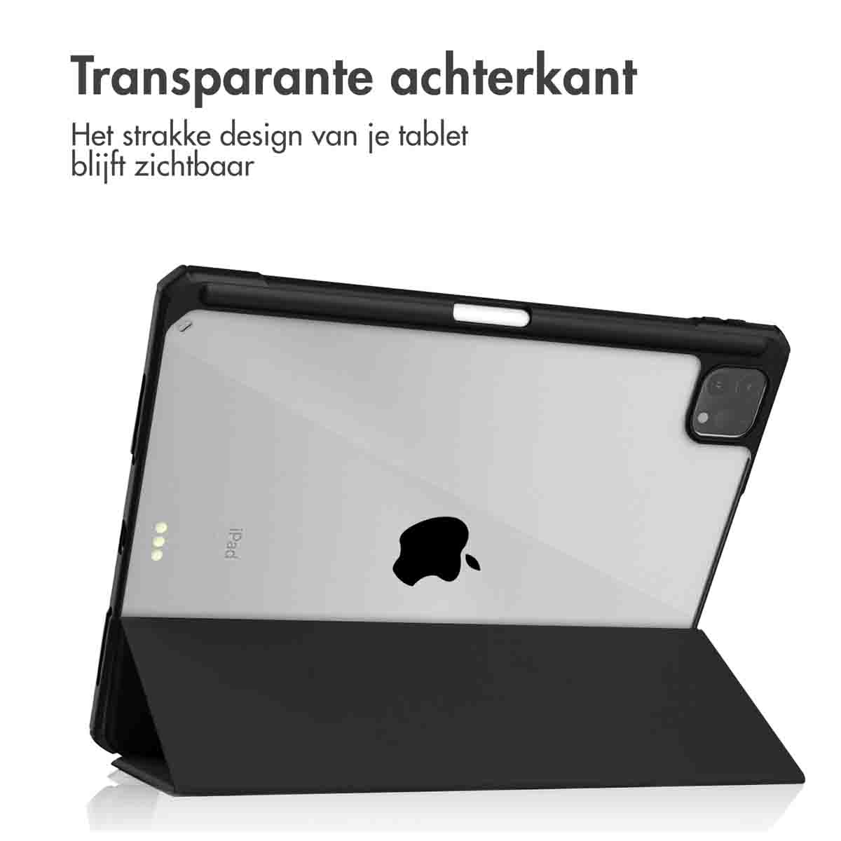 Tablet with clear back case, with Apple logo visible. Black case frame with stand. White background. Text: Transparent back.
