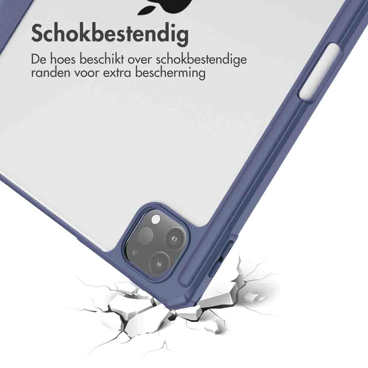 Tablet case corner, blue, being dropped. Text: Shockproof. White background. Cracks appearing below the case.