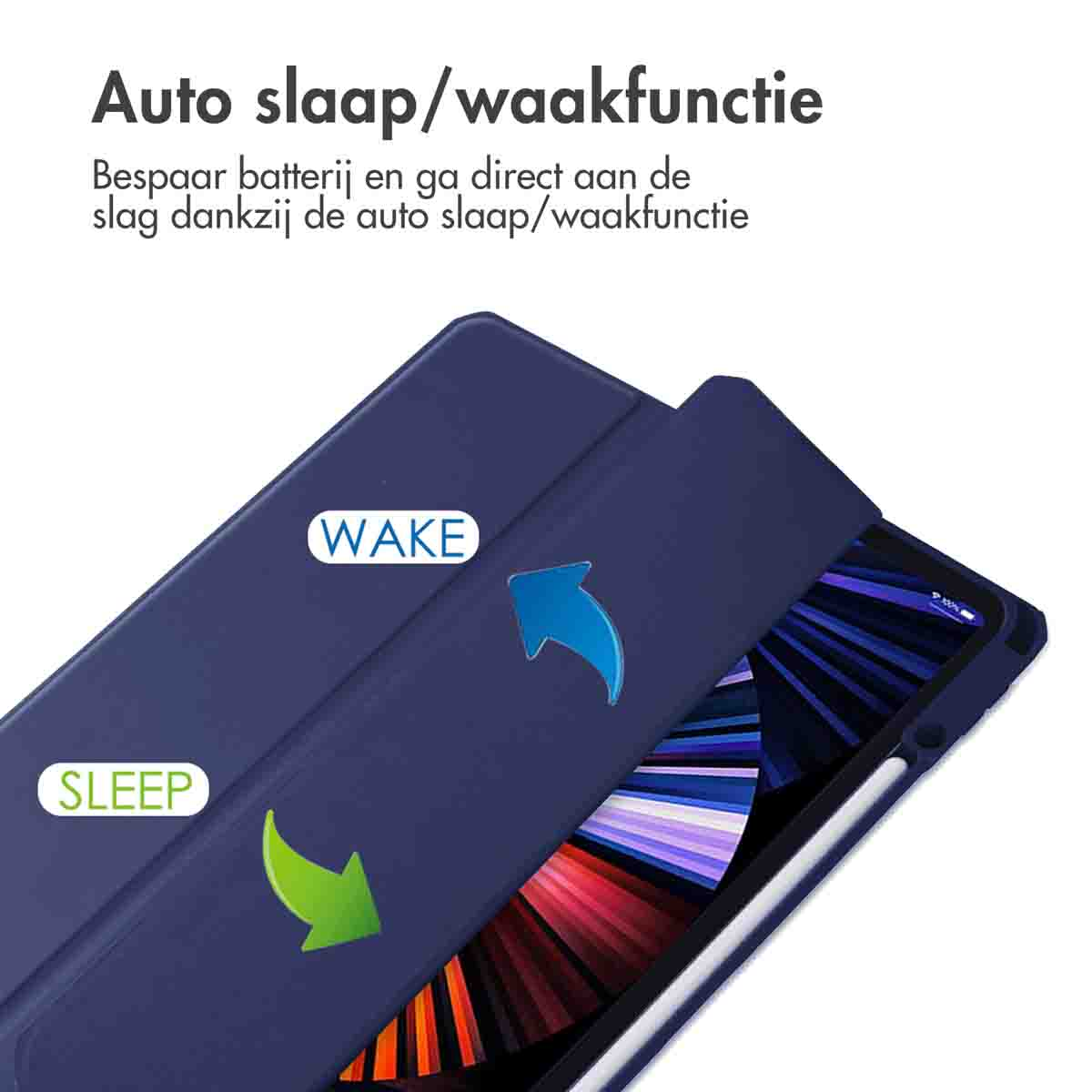 Tablet case open, blue, with arrows indicating sleep/wake function. Text: Auto sleep/wake function. White background.