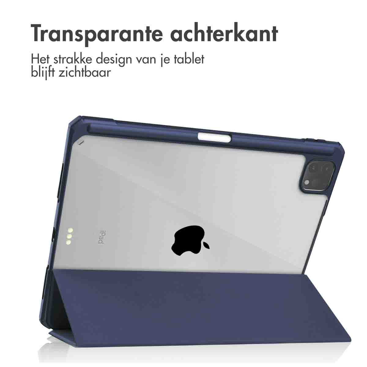 Tablet with clear back case, with Apple logo visible. Blue case frame with stand. White background. Text: Transparent back.