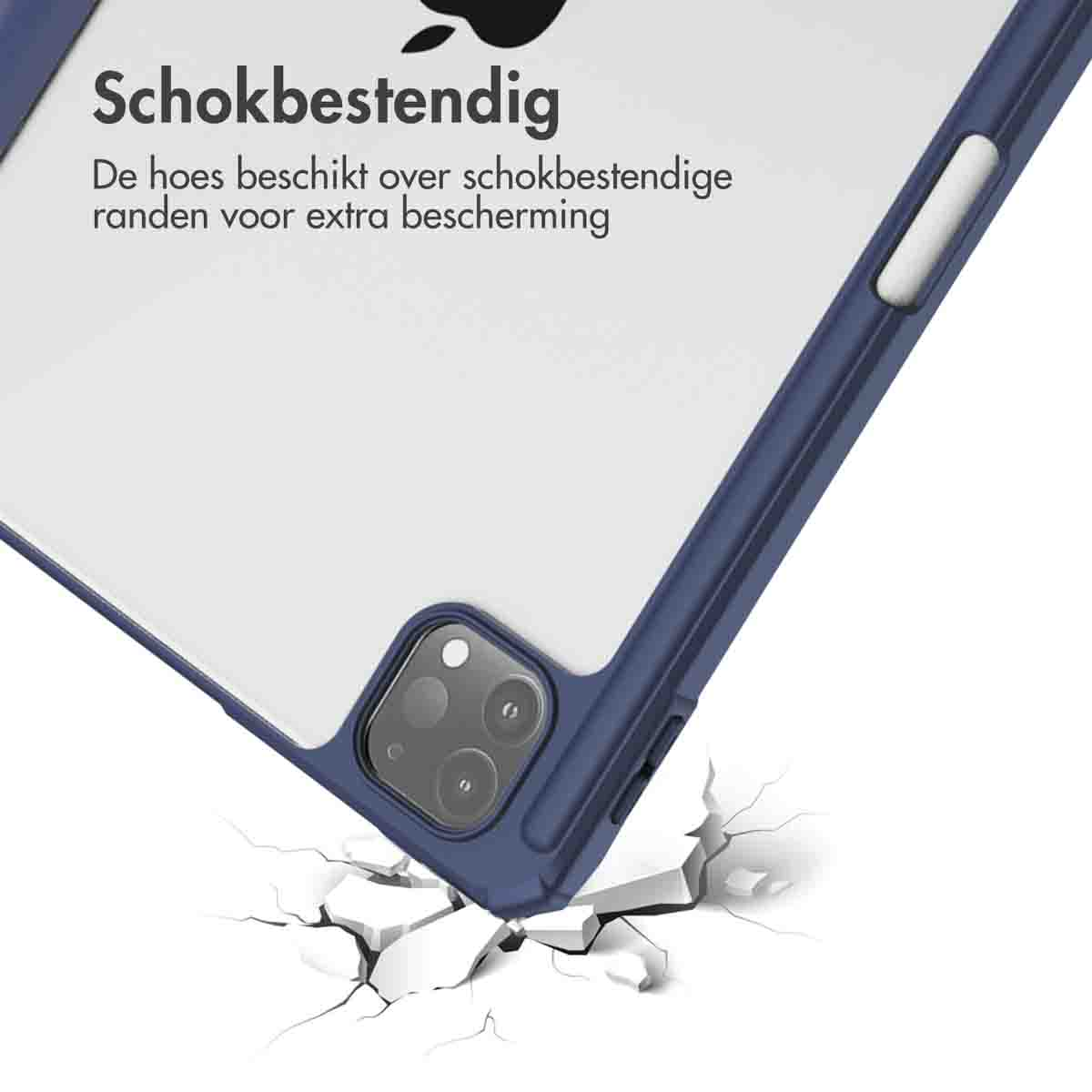 Tablet case corner, blue, being dropped. Text: Shockproof. White background. Cracks appearing below the case.