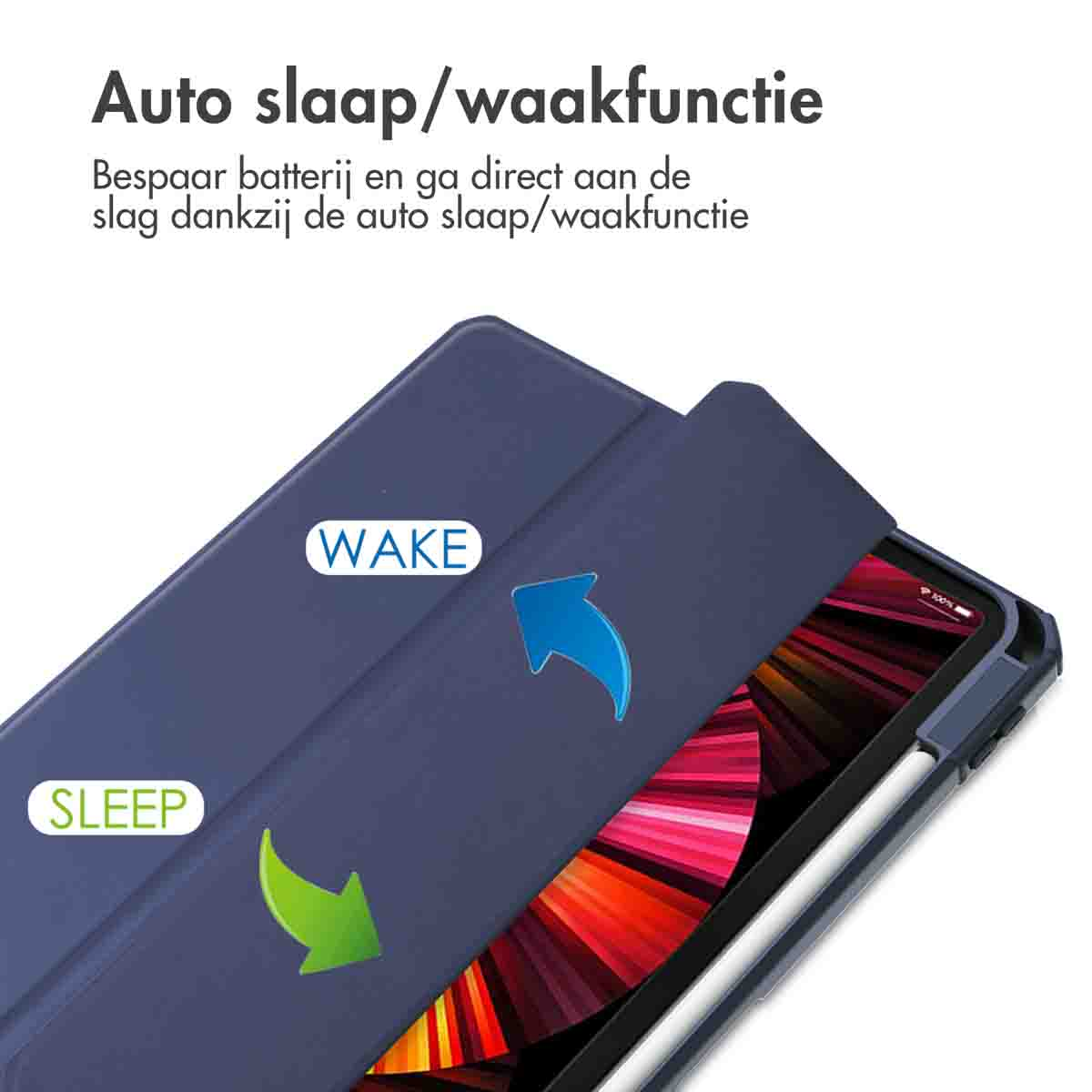 Tablet case open, blue, with arrows indicating sleep/wake function. Text: Auto sleep/wake function. White background.