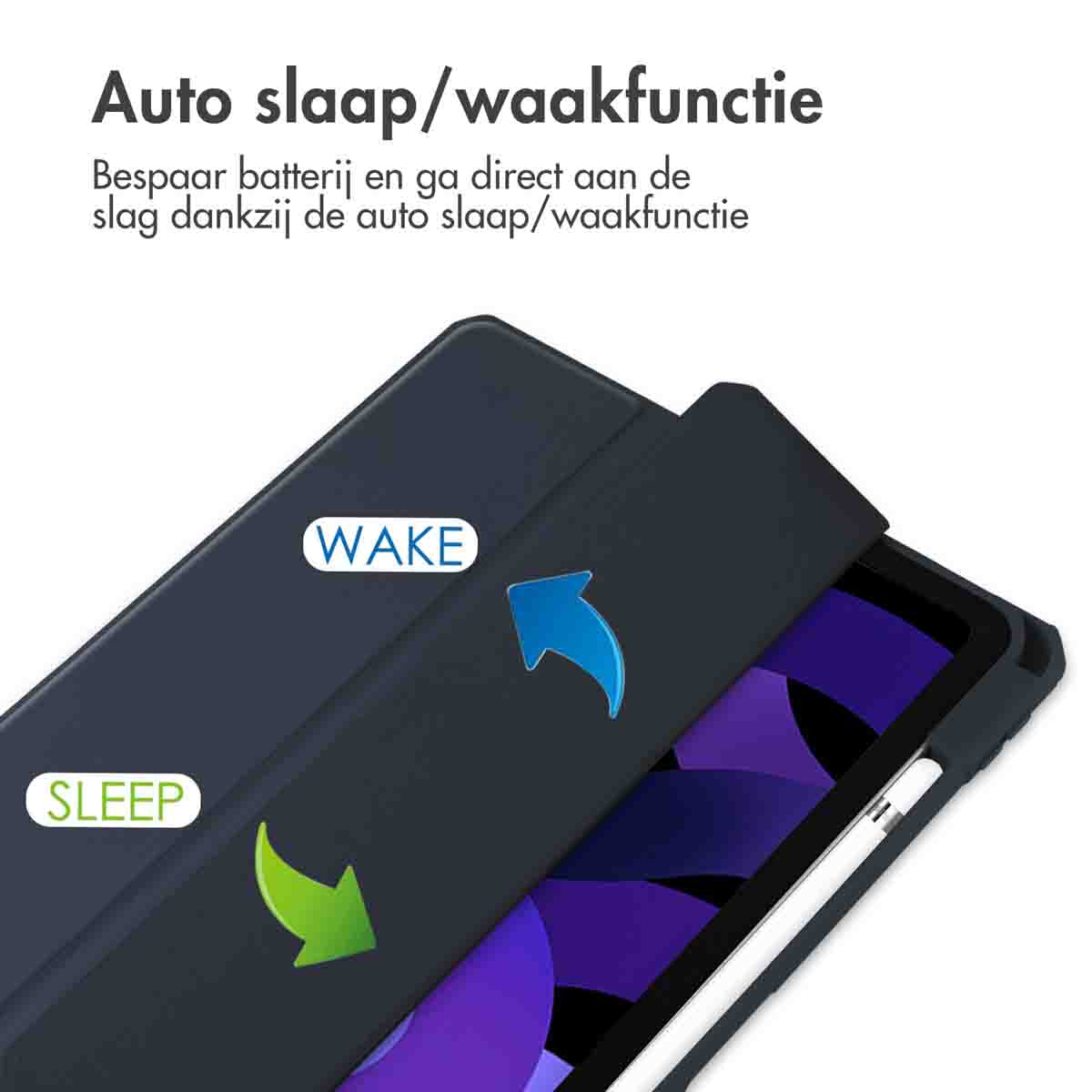 Tablet case with auto sleep/wake function. Cover open, blue arrow pointing to wake, green arrow to sleep.