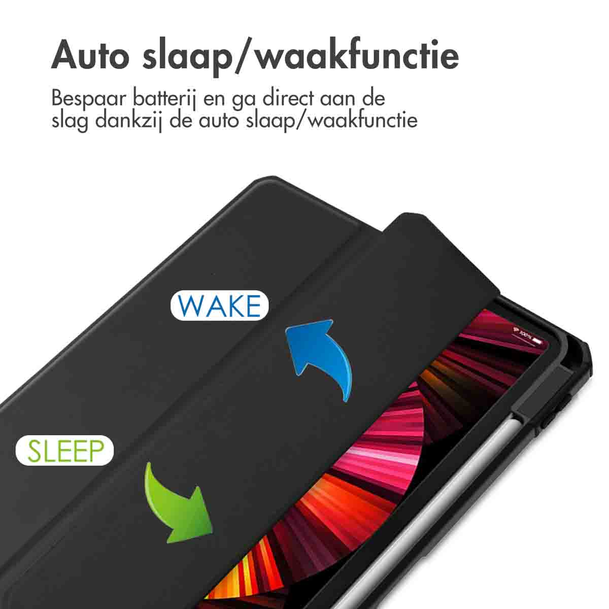 Black tablet case with auto sleep/wake function. Cover open, blue arrow pointing to wake, green arrow to sleep.