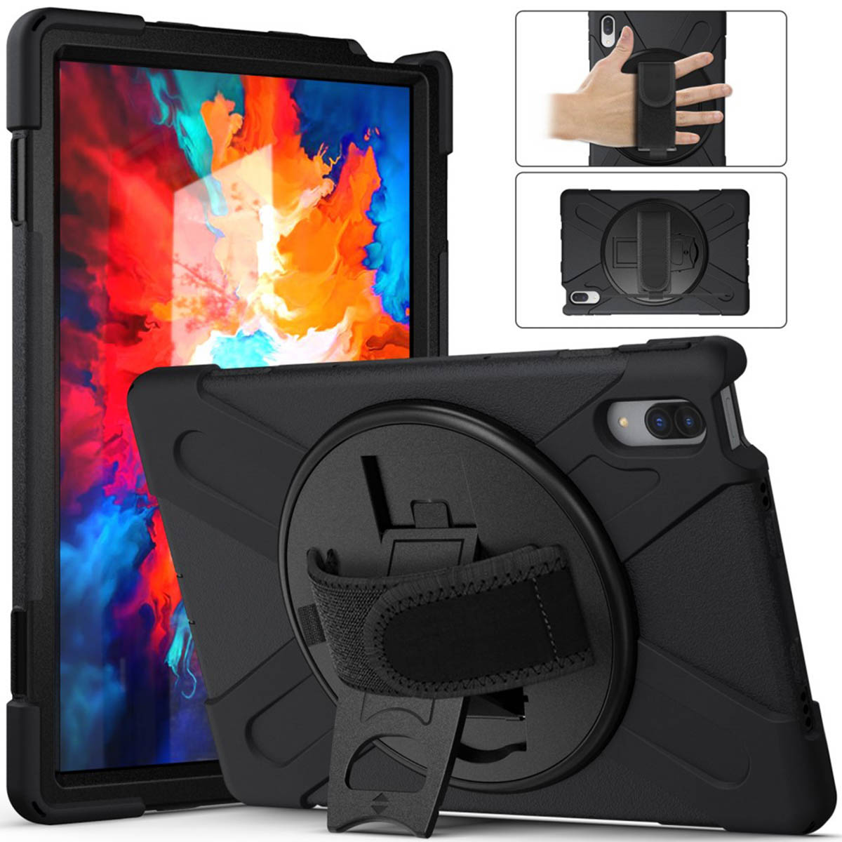 Étui de tablette noir avec dragonne et support rotatif. Tablette dans l'étui. Deux images du support.
