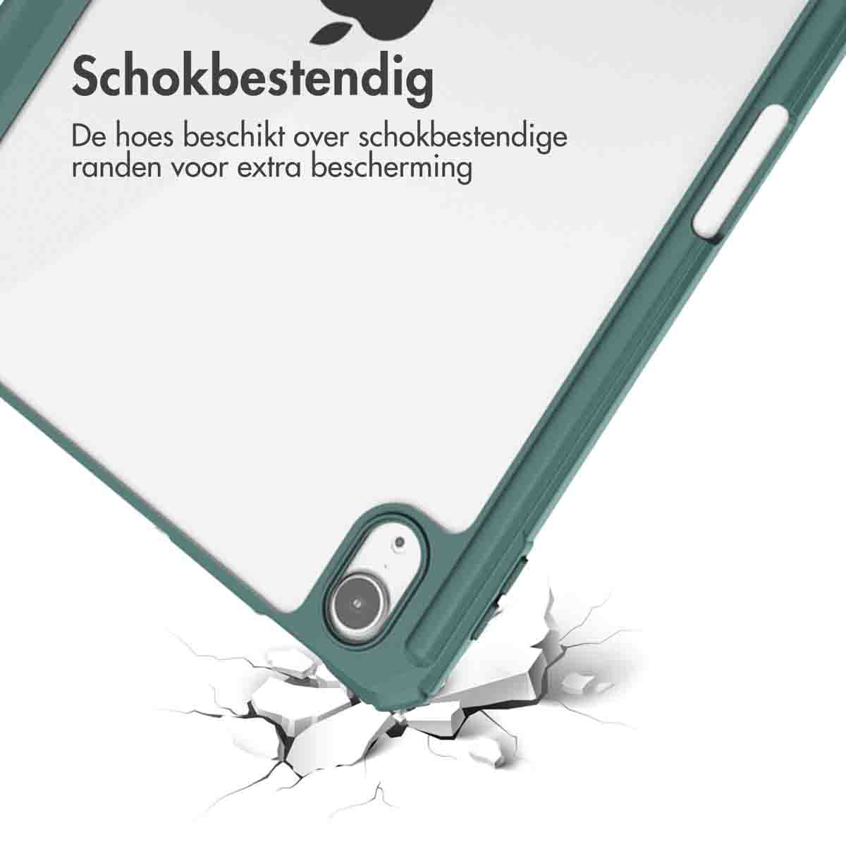 Green tablet case protecting a tablet. The case is on a white surface. The case is cracked underneath.