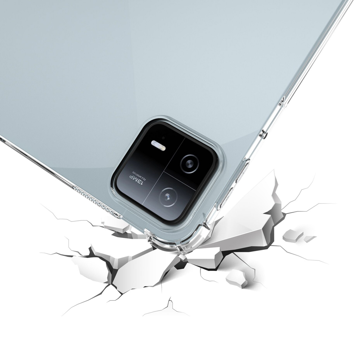 Clear case protecting a tablet. The case is on a white surface. The surface is cracked underneath.
