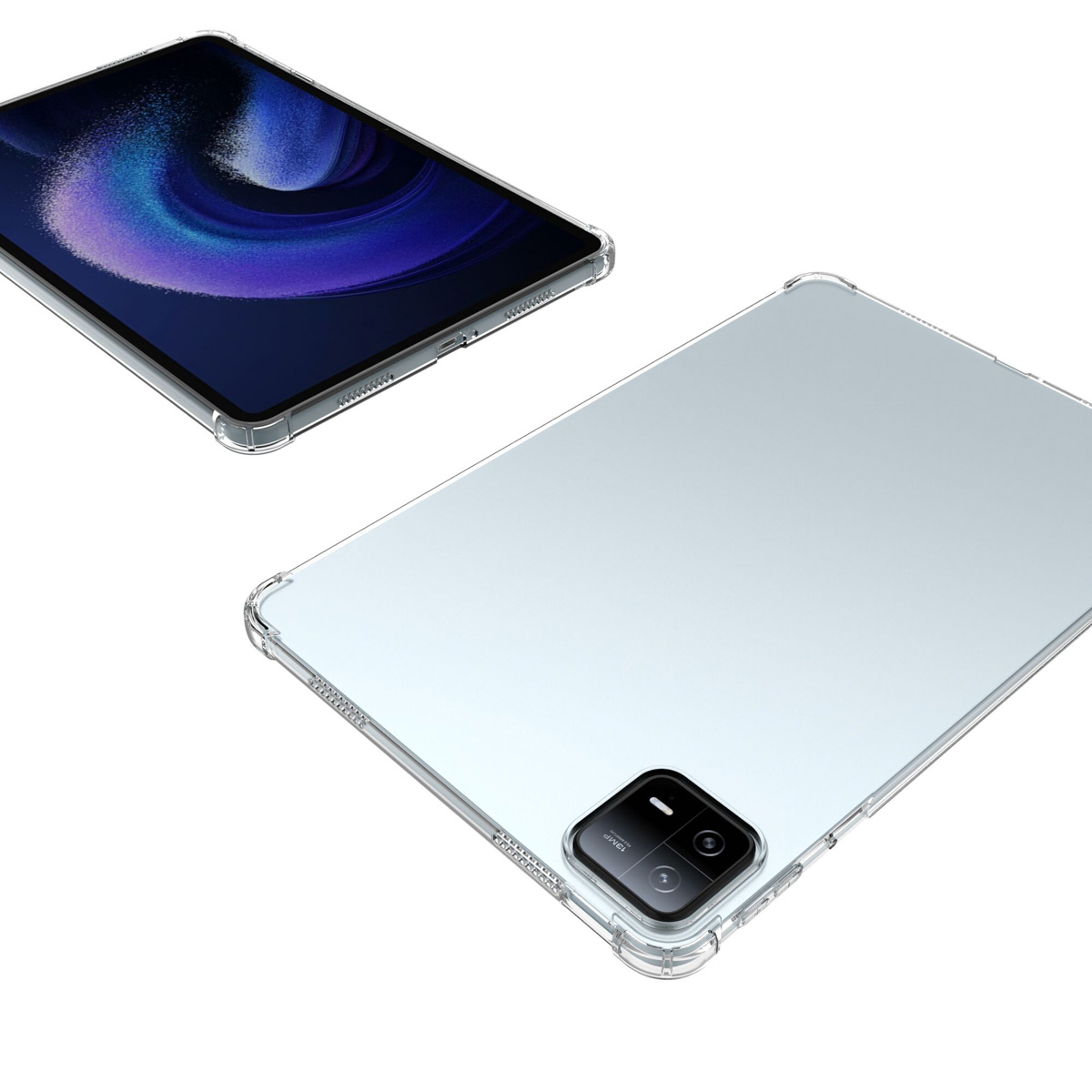 Tablets, one with a screen on, and one with the back visible. Clear case on both.
