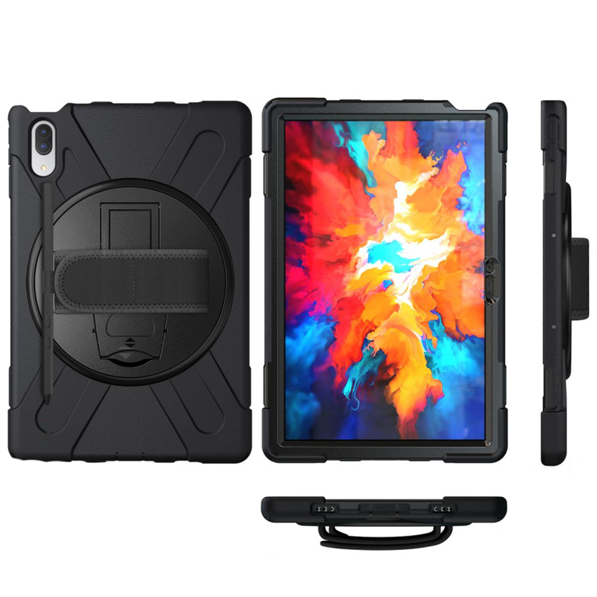 Étui de tablette noir avec dragonne et support. Plusieurs angles de l'étui sont montrés.