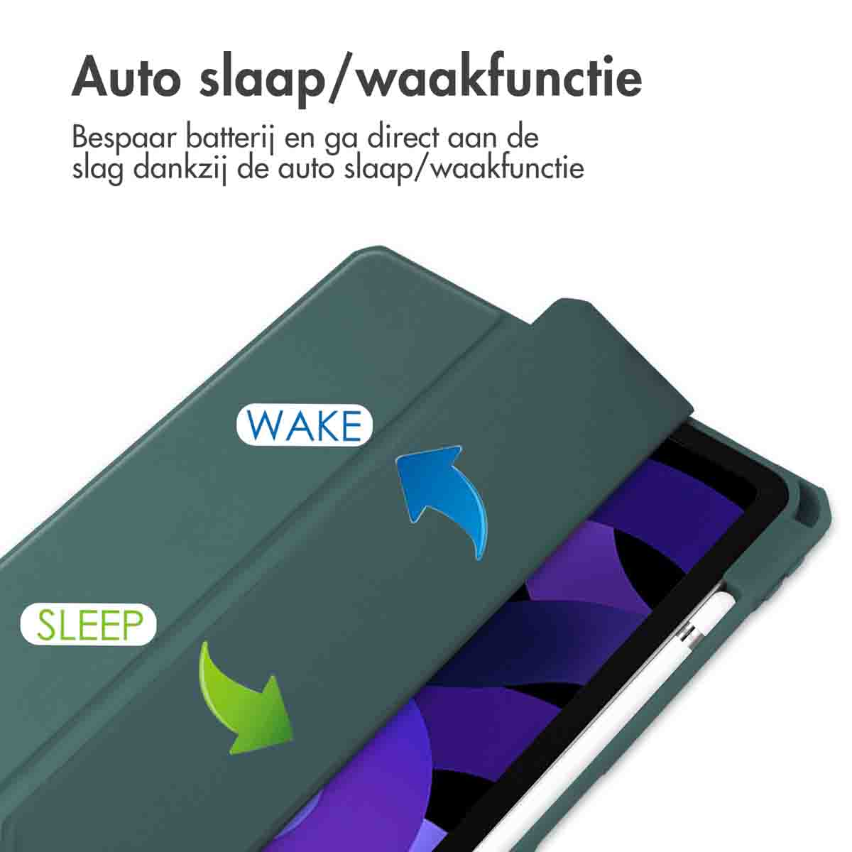 Green tablet case with auto sleep/wake function. Cover open, blue arrow pointing to wake, green arrow to sleep.