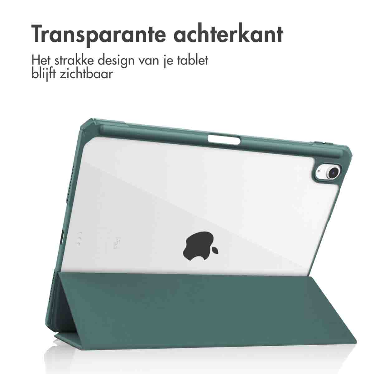 Green tablet case with transparent back. Tablet is visible through the back cover, which is folded.
