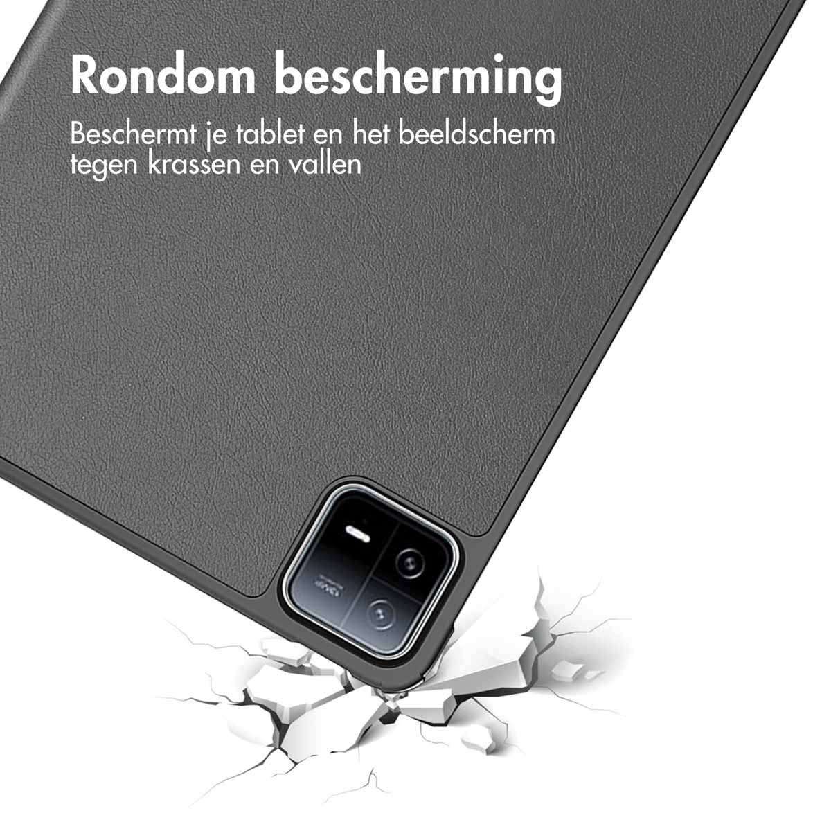 Tablet case with a tablet angled down, cracked ground. Grey in color.