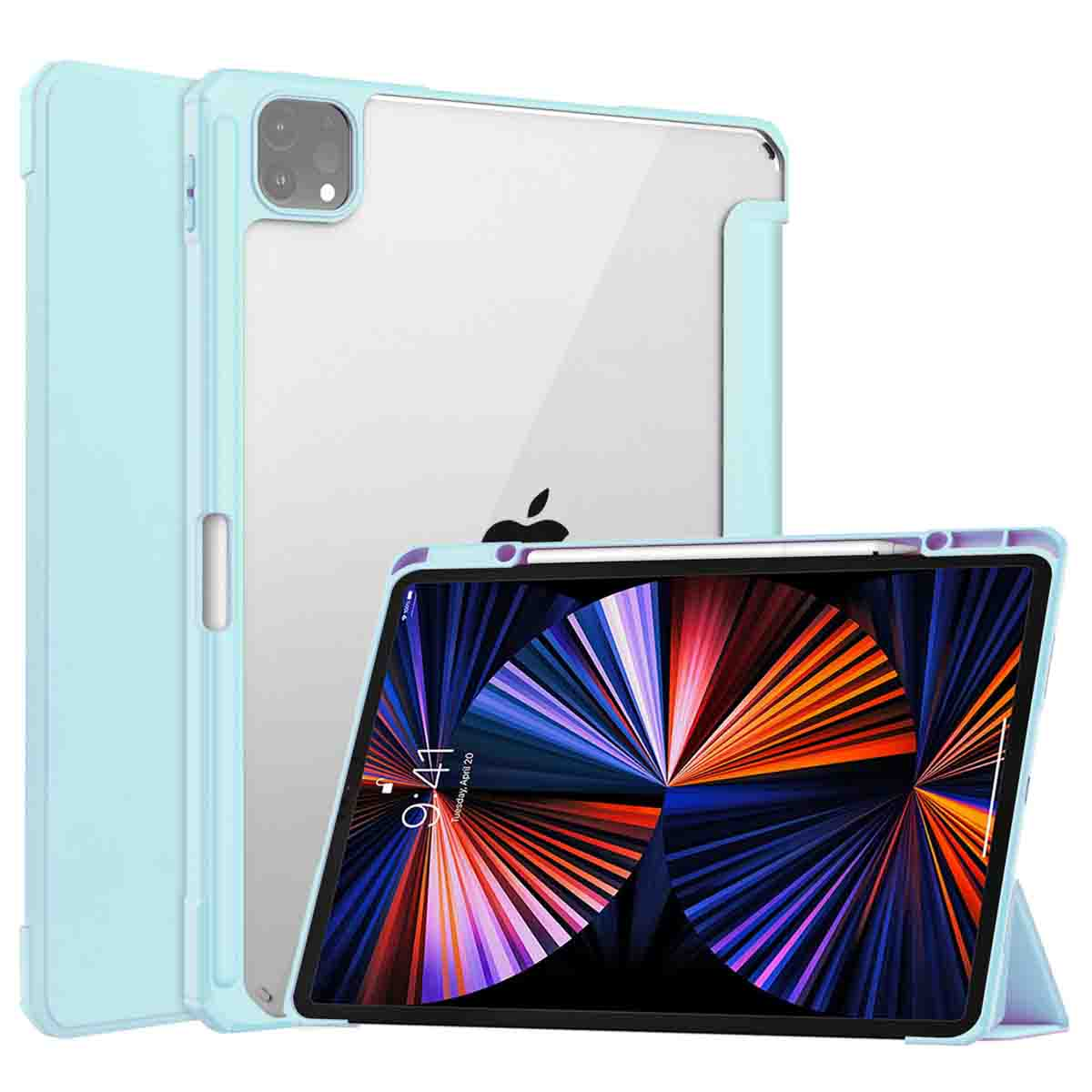 Blue tablet case protecting a tablet. The case is open and supporting the tablet at an angle.