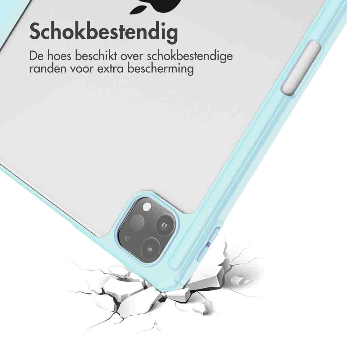 Blue tablet case protecting a tablet. The case is on a white surface. The surface is cracked underneath.