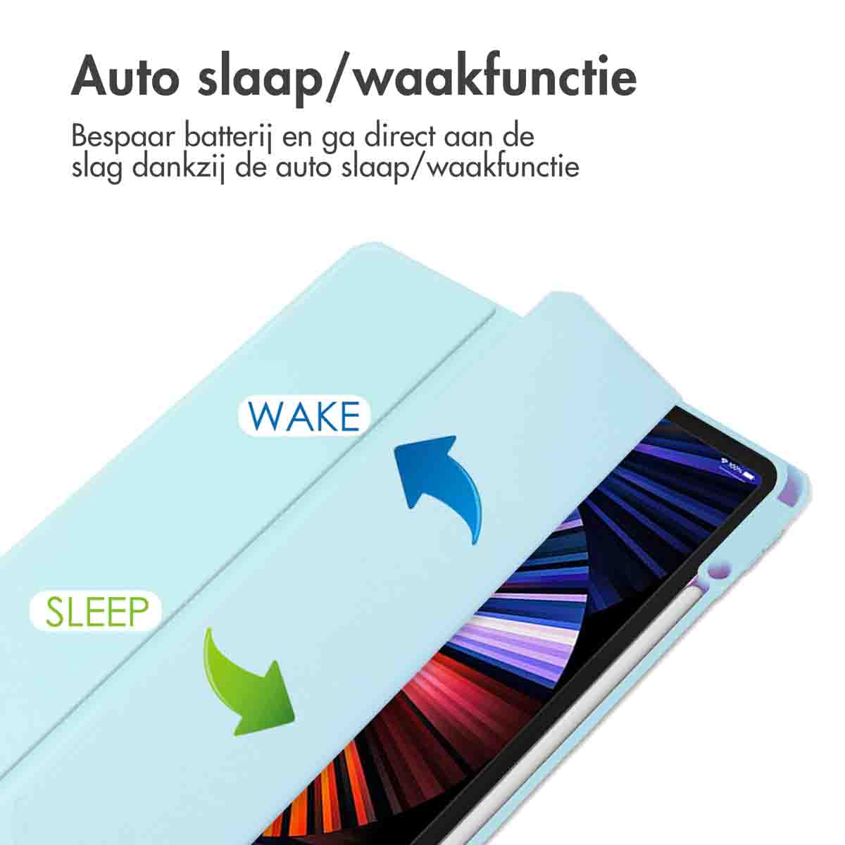 Light blue tablet case with auto sleep/wake function. Cover open, blue arrow pointing to wake, green arrow to sleep.