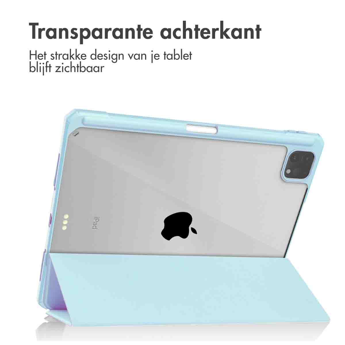 Blue iPad case with transparent back, open. The iPad's Apple logo is visible.